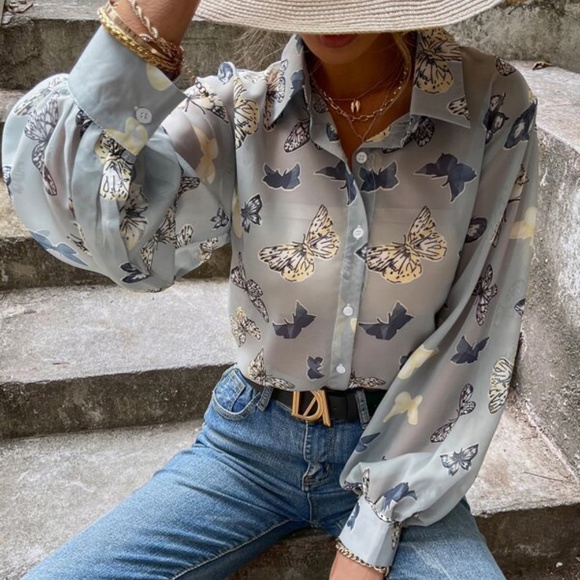 Bellanblue Tops - Boho Butterfly Print Sheer Button Up Top Work